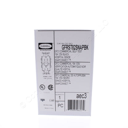Hubbell 15A SnapConnect Black Self-Test Hospital Gfci Receptacle GFRST82SNAPBK