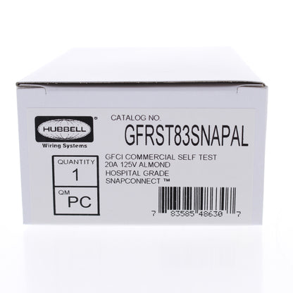 Hubbell GFRST83SNAPAL SnapConnect 20A Almond Self-Test Hospital GFCI Receptacle
