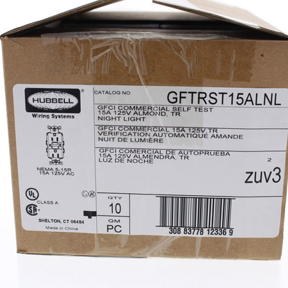 10 Hubbell Almond SelfTest GFCI Outlets Nightlight Tamper 15A GFTRST15ALNL