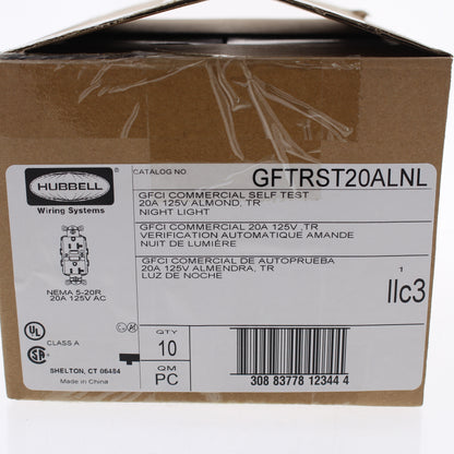 Hubbell GFTRST20ALNL Almond SelfTest GFCI Tamper Resist Outlet Nightlight 10pk