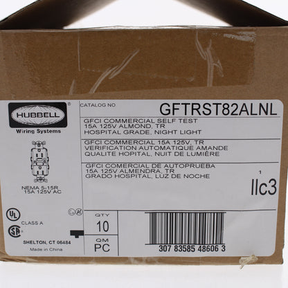 Hubbell GFTRST82ALNL Almond Tamper Hospital Gfci Outlets 15A Nightlight 10-Pack