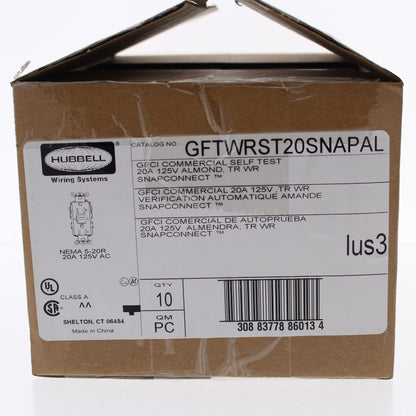 Hubbell GFTWRST20SNAPAL 20A SnapConnect Tamper Weather Outlets Almond 10-Pack