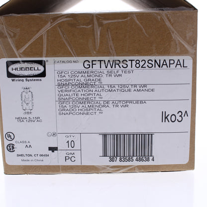 10 Hubbell 15A SnapConnect Self-Test Tamper Weather Hospital Gfci Outlets Almond