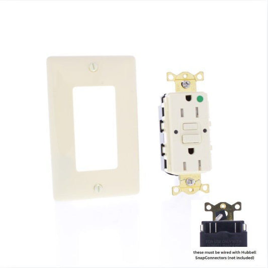 Hubbell 15A SnapConnect Self-Testing Tamper Weather Hospital Gfci Outlet Almond