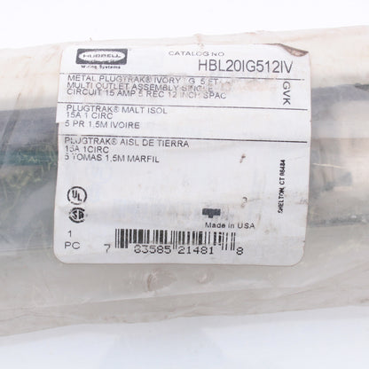 Hubbell HBL20IG512IV 5' PlugTrak Raceway 15A Isolated Ground 5-Outlet PowerStrip