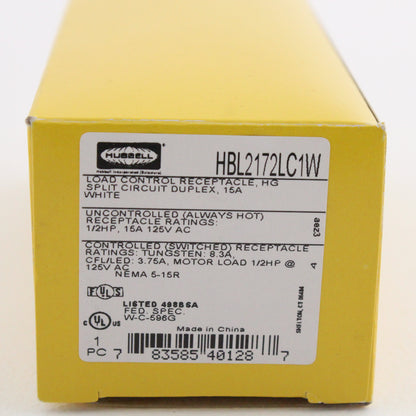 Hubbell White Hospital GR TR 1/2 Controlled Switched Receptacle 15A HBL2172LC1W