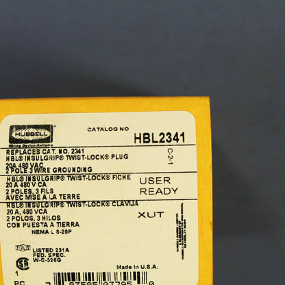 Hubbell Bryant L8-20 Locking Plug Twist Lock NEMA L8-20R 20A 480V HBL2341 Boxed