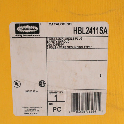 Hubbell Twist Locking Right Angle Plug Nema L14-20P 20A 125/250V HBL2411SA