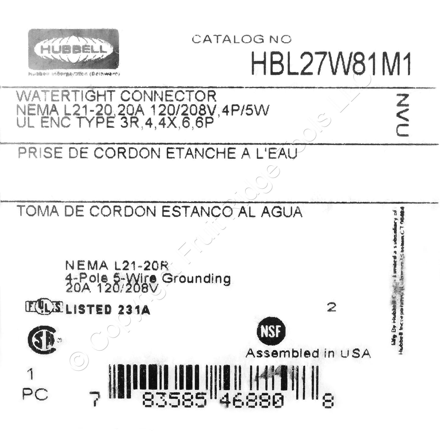 Hubbell 27W81 Watertight Turn Locking 20A Connector NEMA L21-20R 3?Y 120/208V