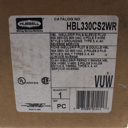 Hubbell Watertight Pin & Sleeve Reversed Service Connector 30A 600V HBL330CS2WR