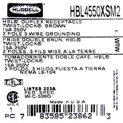 Hubbell HBL4550XSM2 Twist Locking Duplex Receptacle Outlet NEMA L6-15R 15A 250V