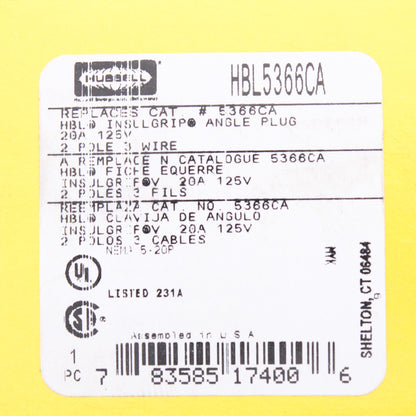 Hubbell HBL5366CA Straight Blade Plug 20A 125V 5-20P Insulgrip Angle Black/White