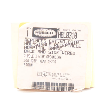 Hubbell HBL8310 Brown Single Receptacle Outlet 20A 125V 5-20R Hospital Grade