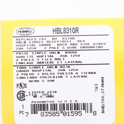Hubbell HBL8310R Red Single Receptacle Outlet 20A 125V 5-20R Hospital Grade