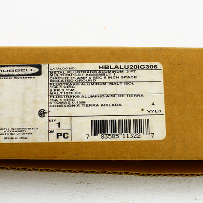 Hubbell 3' PlugTrak Aluminum Raceway 6-Outlet Isolated Ground 15A HBLALU20IG306