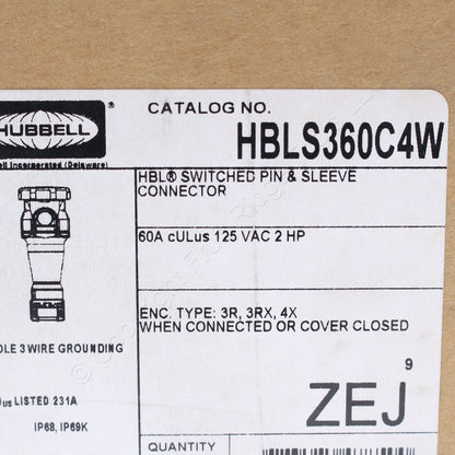 Hubbell Watertight IEC Pin & Sleeve Connector Female Plug 60A 125VAC HBLS360C4W