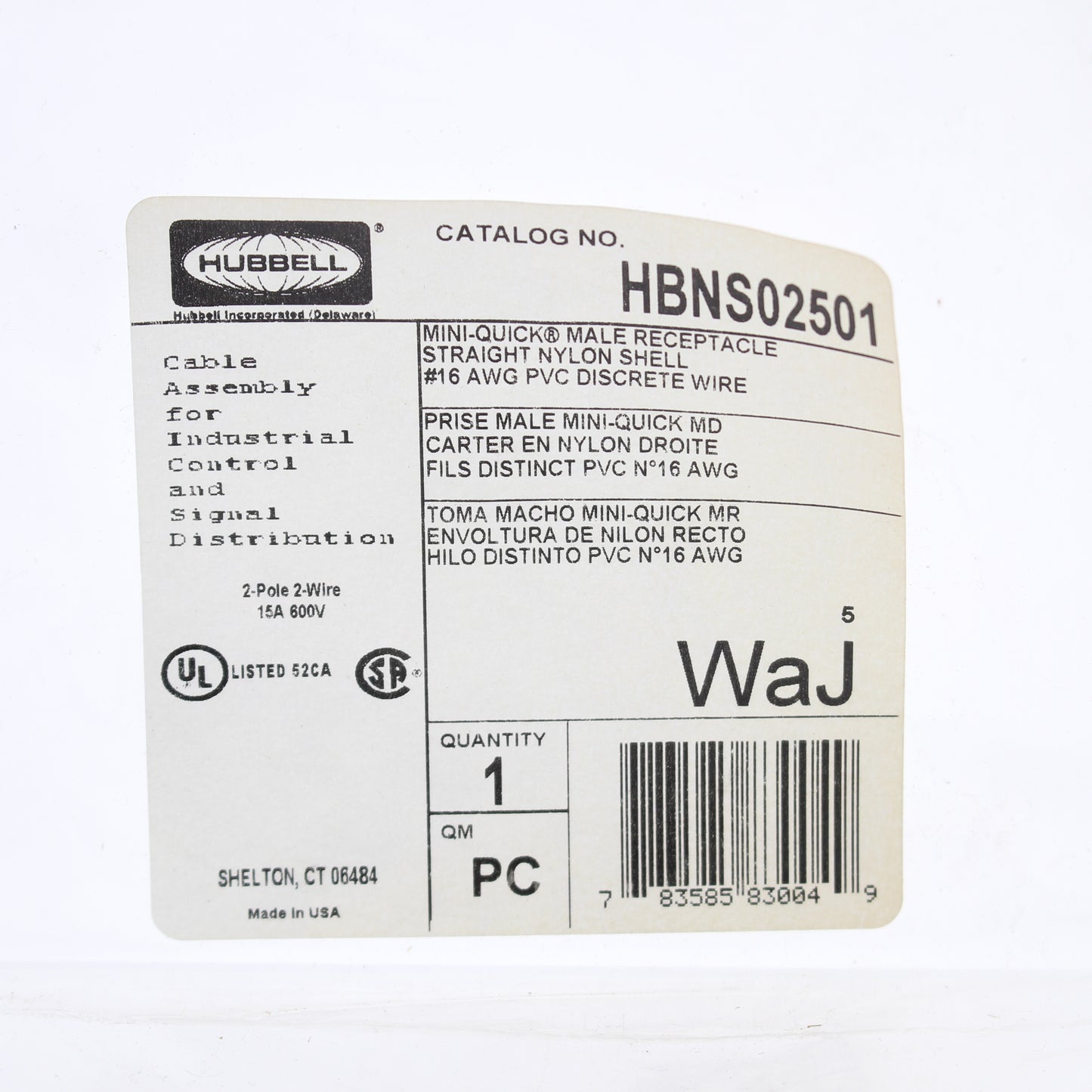 Hubbell Mini-Quick Male Straight Receptacle 2P2W 16AWG Quick-Connect HBNS02501