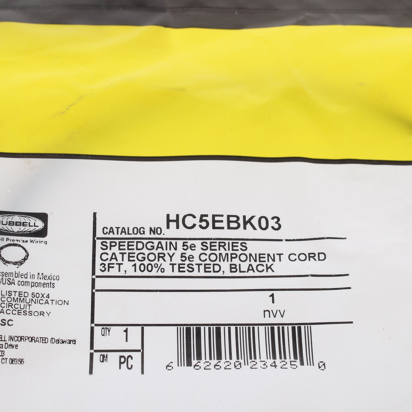 Hubbell HC5EBK03 Cat5e Black 3ft Patch Cord Ethernet Cable Data Center Network