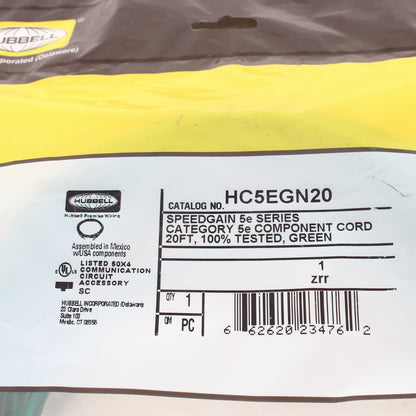 Hubbell HC5EGN20 Cat5e Green 20ft Patch Cord Ethernet Cable Data Center Network