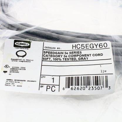Hubbell Patch Cord Cat 5e Gray 60 Ft LAN Ethernet Network Cable HC5EGY60