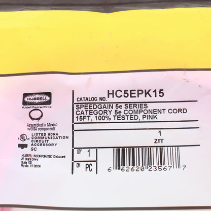 Hubbell Patch Cord Cat 5e Pink 15 Ft LAN Ethernet Network Cable HC5EPK15