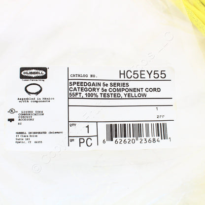 Hubbell Patch Cord Cat 5e Yellow 55 Ft LAN Ethernet Network Cable HC5EY55