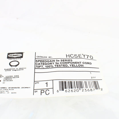 Hubbell Patch Cord Cat 5e Yellow 70 Ft LAN Ethernet Network Cable HC5EY70