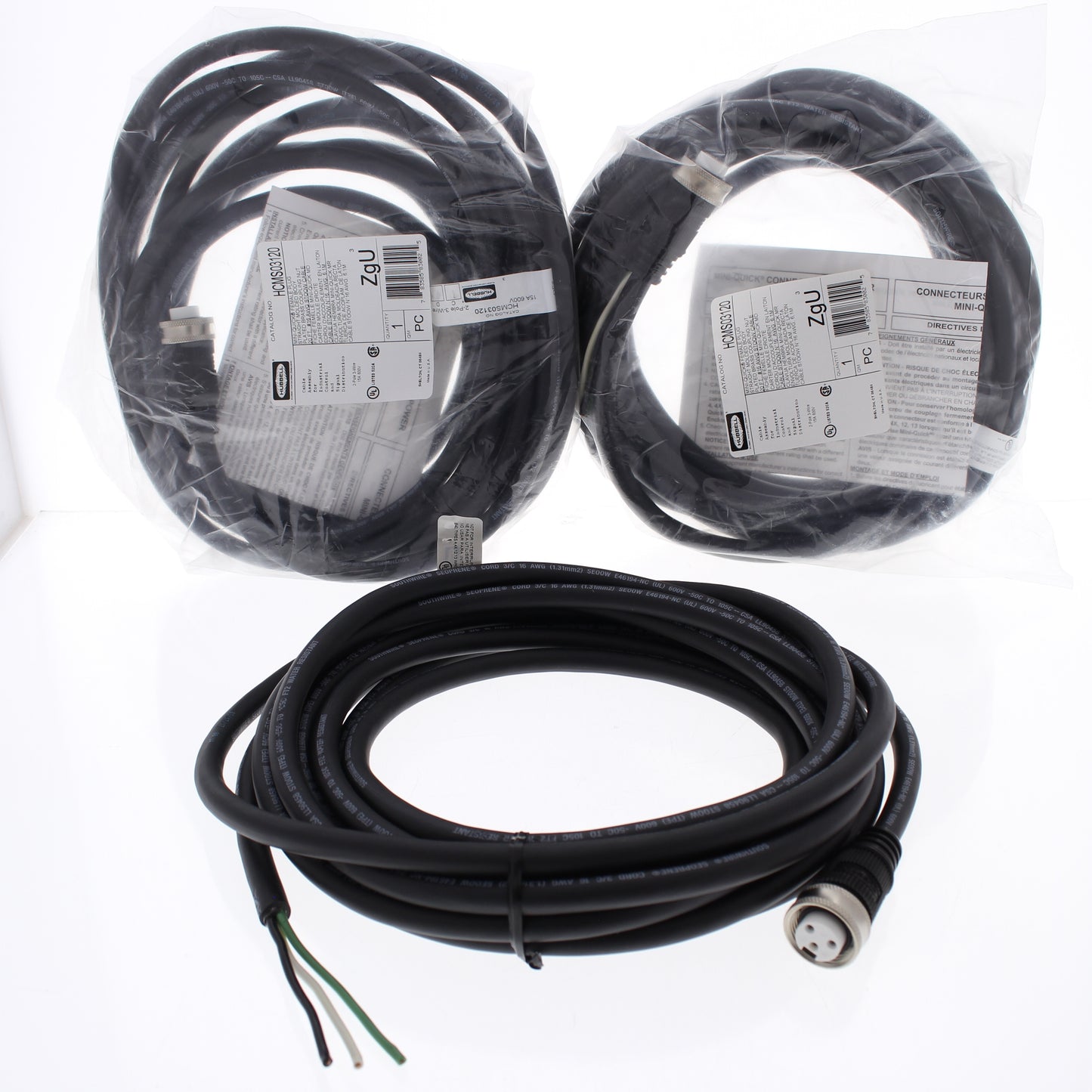 3 Hubbell 20' Mini-Quick Female Plug Straight Cables #16/3 AWG STOOW HCMS03120