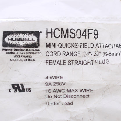 Hubbell Mini-Quick Female Plug 4-Wire F9 Style .24-.32" 9A 250V HCMS04F9