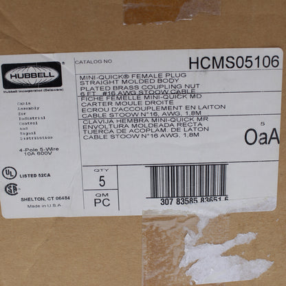 5 Hubbell MiniQuick Cable Female Plugs 4P5W Quickconnect 16AWG 10A 6Ft HCMS05106