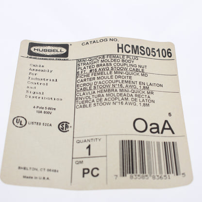 Hubbell Mini-Quick Cable Female Plug 4P5W Quick-Connect 16AWG 10A 6 Ft HCMS05106
