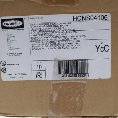 10 Hubbell MiniQuick Cable Female Plugs 3P4W Quickconnect 16AWG 12A 6' HCNS04106