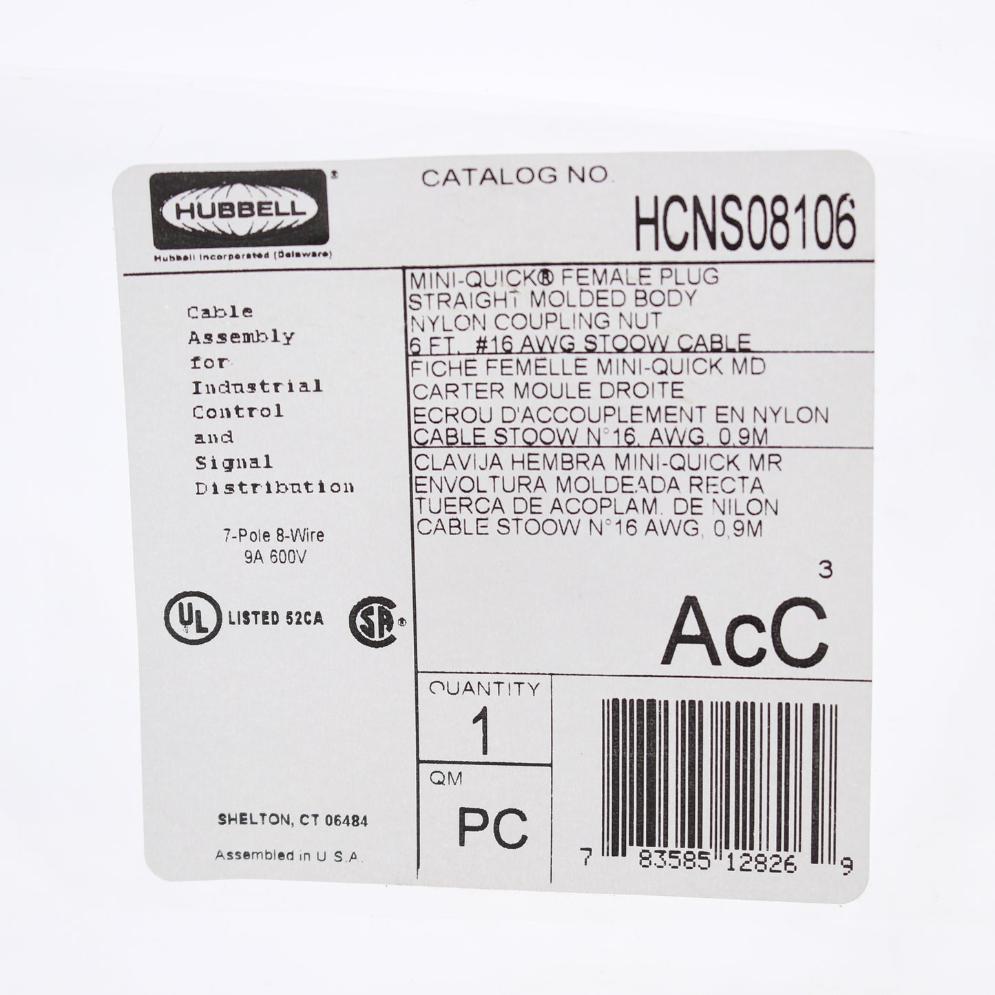 Hubbell Mini-Quick Cable Female Plug 7P8W Quick-Connect 16AWG 9A 6 Ft HCNS08106