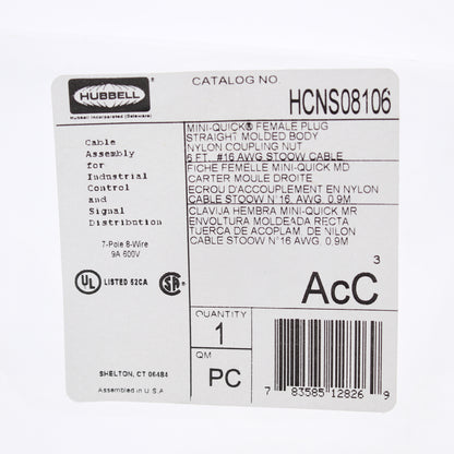 Hubbell Mini-Quick Cable Female Plug 7P8W Quick-Connect 16AWG 9A 6 Ft HCNS08106