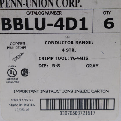 Penn Union Grounding Bonding Compression Lug 4AWG 1/2" Holes Gray #8 HGBBLU-4D1