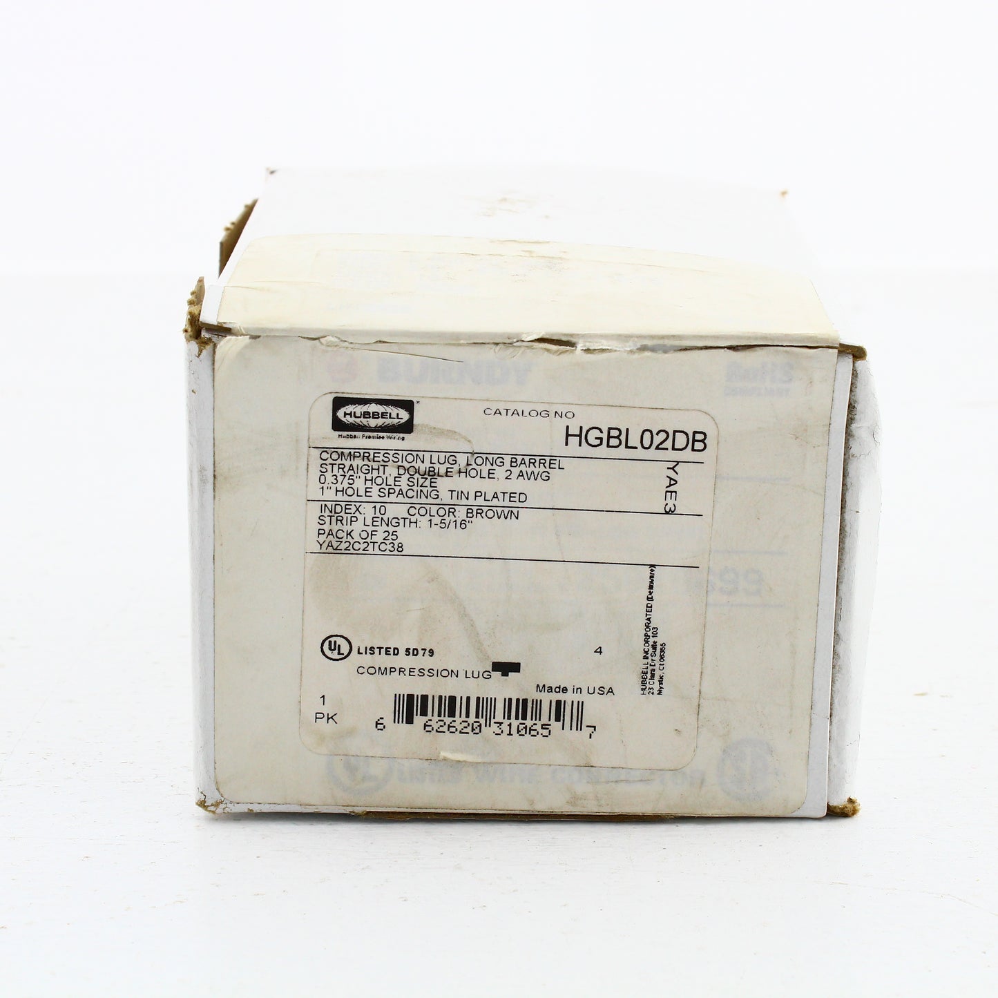 Hubbell HGBL02DB Bonding #10 Grounding Compression Lug 2AWG 3/8" Hole Brown 25pc