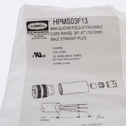 Hubbell Mini-Quick Disconnect Plug 3-Pole Field Attachable .39-.47" HPM03F13