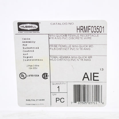 Hubbell Mini-Quick Flanged Female Receptacle 2P3W Quick-Connect 16AWG HRMF03501