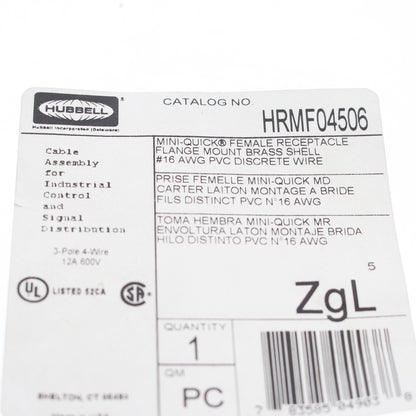 Hubbell Mini-Quick Flanged Female Receptacle 3P4W Quick-Connect 16AWG HRMF04506