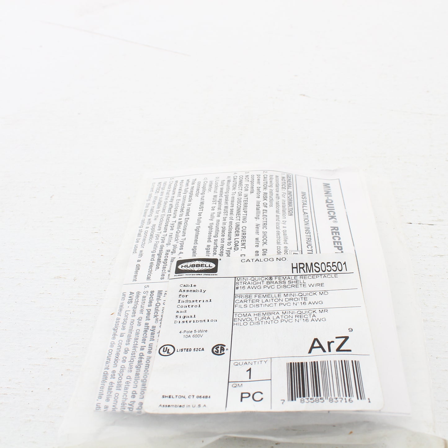 Hubbell MiniQuick Female Receptacle 4P5W Straight Quickconnect 16AWG HRMS05501