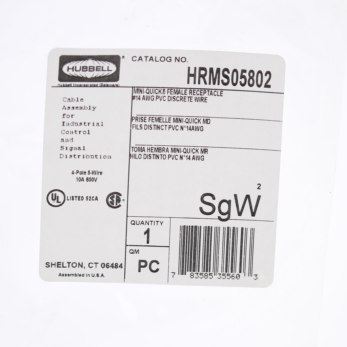 Hubbell MiniQuick Female Receptacle 4P5W Straight Quickconnect 14AWG HRMS05802