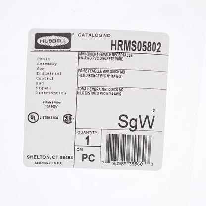 Hubbell MiniQuick Female Receptacle 4P5W Straight Quickconnect 14AWG HRMS05802
