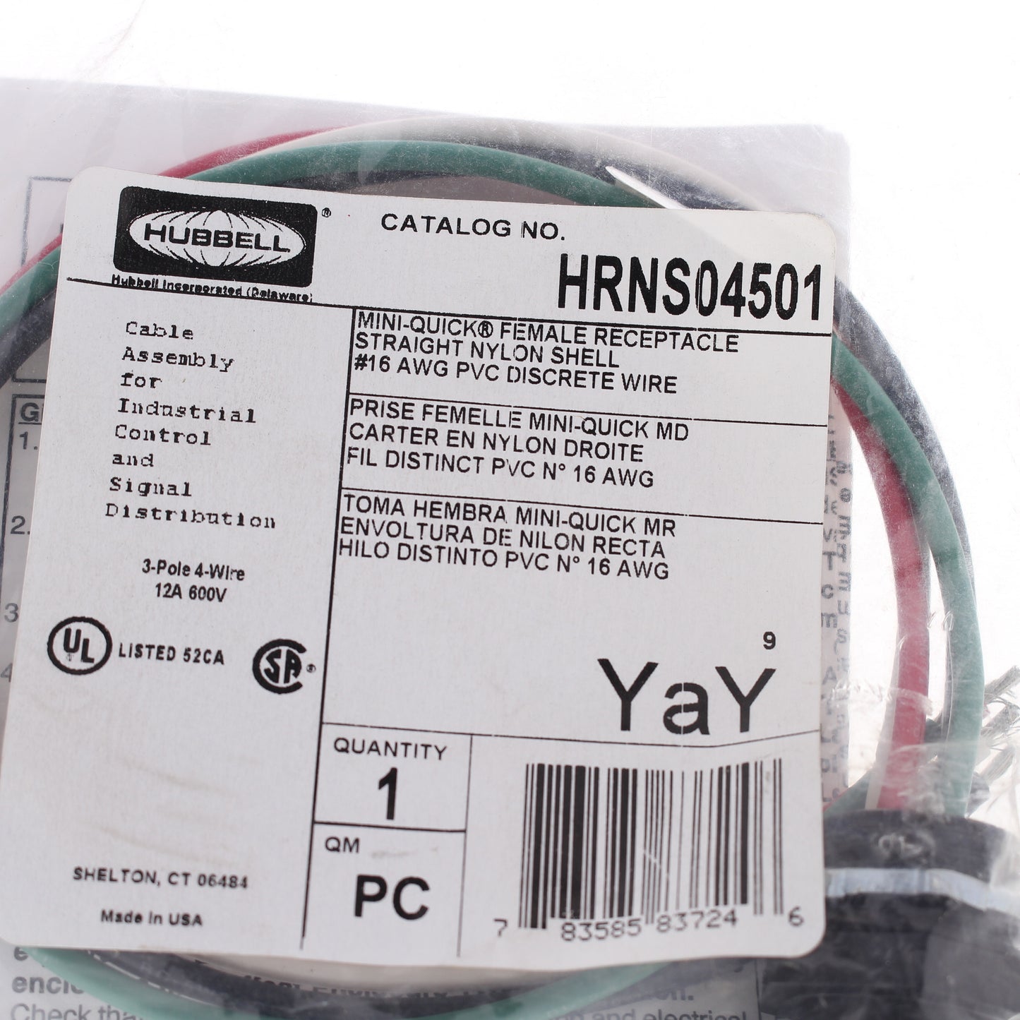 Hubbell MiniQuick Female Receptacle 3P4W Straight Quickconnect 16AWG HRNS04501