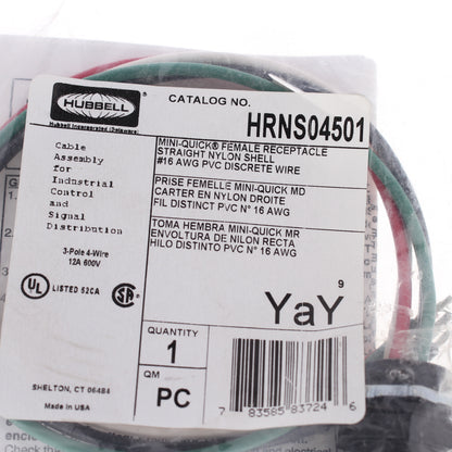 Hubbell MiniQuick Female Receptacle 3P4W Straight Quickconnect 16AWG HRNS04501