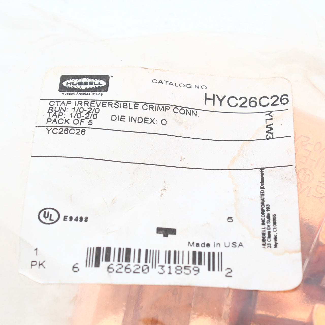 5pc Hubbell Direct Burial Grounding Bonding Compression C-Tap 2/0-2/0 0 HYC26C26