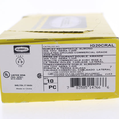 10PK Hubbell Almond Isolated Ground Commercial Receptacle Outlet 20A IG20CRAL