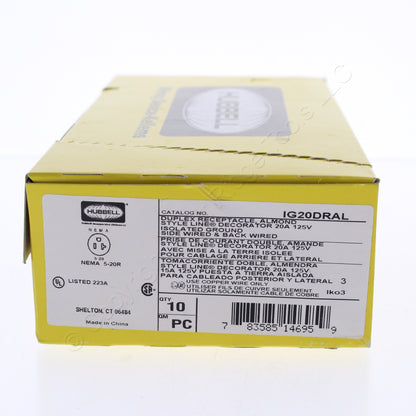 10PK Hubbell Almond Isolated Ground Commercial Decorator Receptacle 20A IG20DRAL