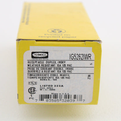 Hubbell Ivory Weather Resistant Isolated Ground Receptacle Outlet 15A IG5262IWR