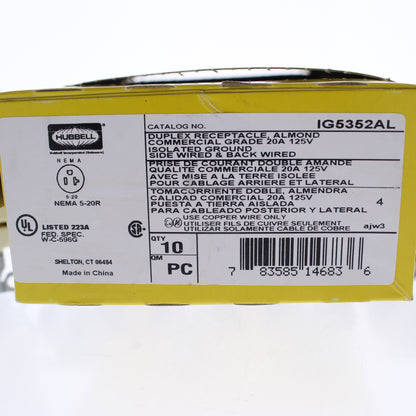 Hubbell IG5352AL Almond 20A Isolated Ground Receptacle Outlets Spec Grade 10pcs
