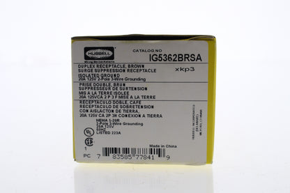 Hubbell Brown Commercial Isolated Ground Receptacle SURGE Outlet 20A IG5362BRSA